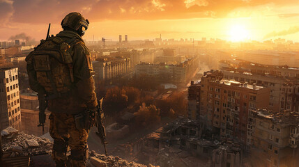 A future soldier standing on the edge of a crumbling city, looking towards the horizon where the first light of dawn breaks through the darkness, symbolizing hope