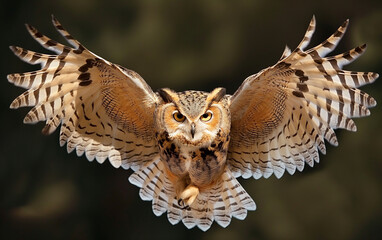 Obraz premium Owl spread wings flying. Generative AI