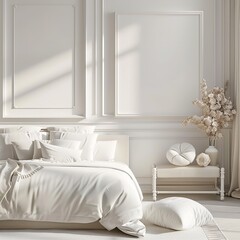 3D render of a luxury white bedroom interior with a mockup poster frame.