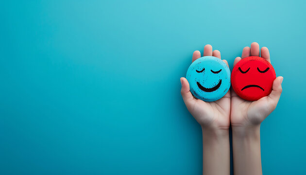 One Hand Holding a Happy Face in Light Blue, the Other a Sad Face in Red, banner