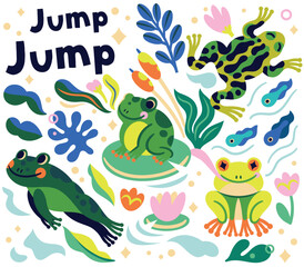 Jump jump. Collection of vibrant cartoon frogs and tadpoles characters are jumping and swimming in the pond - 748908921