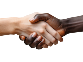 Cumprimento de mãos negras e brancas. Fundo transparente (PNG). Uso: diversidade, igualdade, conceitos de união, design inclusivo
