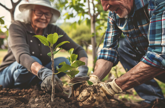 Older couple planting tree in the soil stock photo