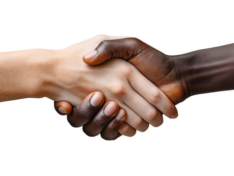 Cumprimento de m&atilde;os negras e brancas. Fundo transparente (PNG). Uso: diversidade, igualdade, conceitos de uni&atilde;o, design inclusivo