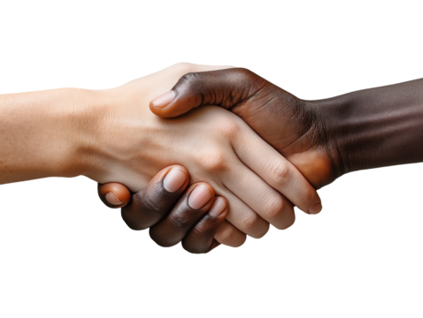 Cumprimento de mãos negras e brancas. Fundo transparente (PNG). Uso: diversidade, igualdade, conceitos de união, design inclusivo