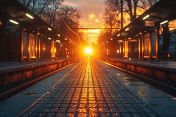 The warm glow of sunset on a train platform, reflecting on the tracks and creating a romantic, nostalgic atmosphere