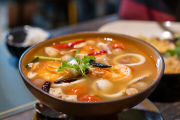 Tom yum, Thai Seafood spicy soup in bowl.