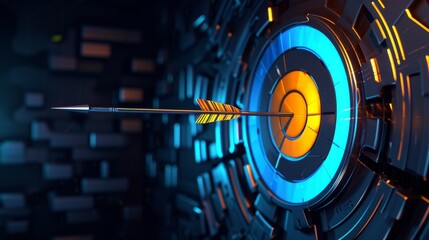 Archery target with arrows on dark background - obrazy, fototapety, plakaty