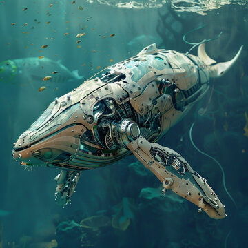 Cyborg whale singing to the ocean depths, its mechanical parts harmonizing with the natural sounds of the sea © Puckung