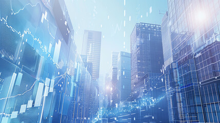 cityscape with modern skyscrapers and overlaid financial graphs, symbolizing the bustling economy and the stock market.