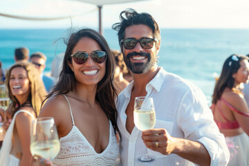 Smiling couple raises glasses in toast during beach event at sunset. Elegant man and woman toasting at a beachside banquet. Lives of rich and successful people