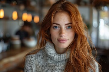 Obraz premium Close-up of a young red-haired woman with freckles, wearing a chunky knit sweater in a warm indoor setting