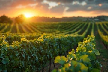 The sunset's warm glow highlights the neat rows of a vineyard, symbolizing growth and the...