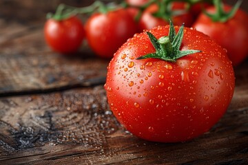 Glossy red ripe tomato with water droplets sitting on a rustic wooden surface, invoking freshness and organic farming - Powered by Adobe