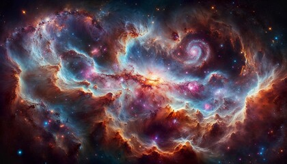 Panorama of nebulae and galaxies in space. Generative AI.