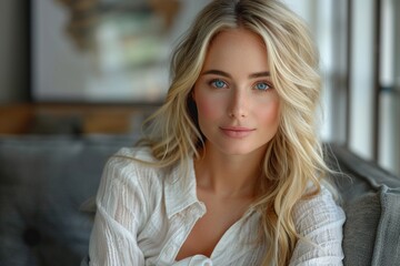 In her mid-20s, a striking woman with elegant, lengthy blonde hair, dressed in a pristine white blouse, accentuating her captivating blue eyes