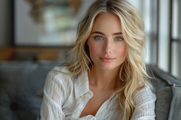 Obraz premium In her mid-20s, a striking woman with elegant, lengthy blonde hair, dressed in a pristine white blouse, accentuating her captivating blue eyes