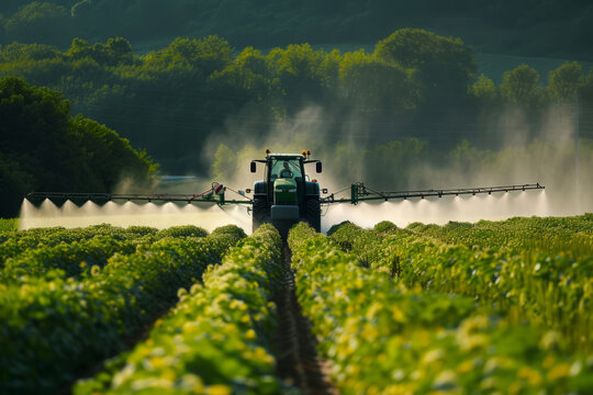 Farming tractor working on agricultural countryside area, Farm machinery spraying fertilize or pesticide on cultural field for good harvest