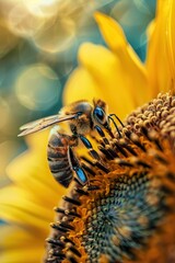 Honey bee pollinating sunflower plant. Close-up. Sunny day. World bee day. Capturing the intricate dance of a honey bee pollinating a sunflower.