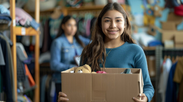 cheerful young woman is holding a box of donated items in a thrift store setting, with another person visible in the background.