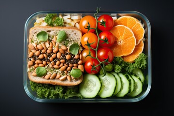 food lunch box with vegetables and bread, top view of lunch box on black background. Plastic container for food storage.