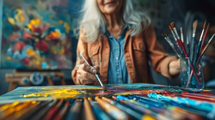 Older Adults Showcasing Creativity and Skills Through Artistic Activities. Concept Senior Art Classes, Creative Aging Workshops, Elderly Art Exhibitions, Skillful Seniors Art Shows - obrazy, fototapety, plakaty
