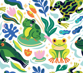 Vibrant cartoon frogs and tadpoles characters are jumping and swimming in the pond, seamless pattern - 748909948