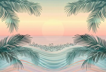 Fototapeta na wymiar Tropical sunset: silhouettes of palm trees against pastel ocean waves