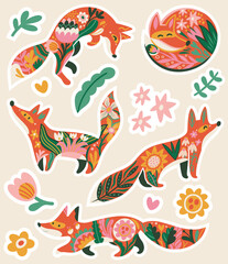Sticker set of five sweet red foxes and flowers in folk style - 748910133