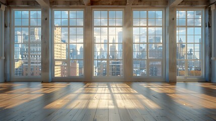 Cityscape observed from the expansive windows of an empty dance studio. Concept Urban Landscape, Empty Spaces, Reflective Surfaces, Abandoned Interiors, Architectural Photography