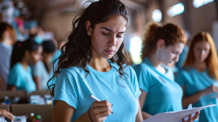 focused young woman wearing blue t-shirt, likely volunteer, involved in a charitable activity, such as packing boxes