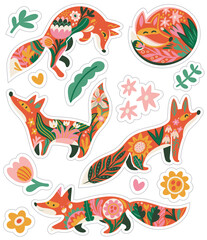 Sticker set of five sweet red foxes and flowers in folk style. Vector illustration - 748910386
