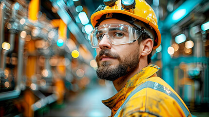 A man dressed in work gear, wearing a hard hat, is standing in a large industrial setting or factory - obrazy, fototapety, plakaty
