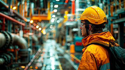 A man dressed in work gear, wearing a hard hat, is standing in a large industrial setting or factory - Powered by Adobe