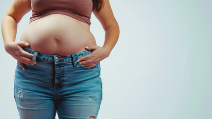 Diet concept woman wear tight blue jeans with belly fat studio shot , overweight woman .