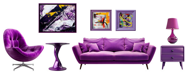 Set of purple modern furniture pieces. For interior design. Sofa, armchair, framed picture, flowerpot, table, bedside table, lamp. Isolated on transparent background.