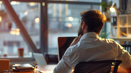 Fototapeta premium Close up portrait stressed businessman suffer from shoulder pain. Office syndrome concept ..