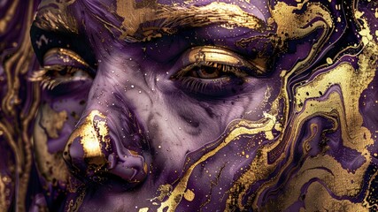Explore the regal allure in this purple and gold liquid marble women's face art. A symbol of royalty and wisdom, seamlessly blending contemporary art with beautiful abstract backgrounds.
