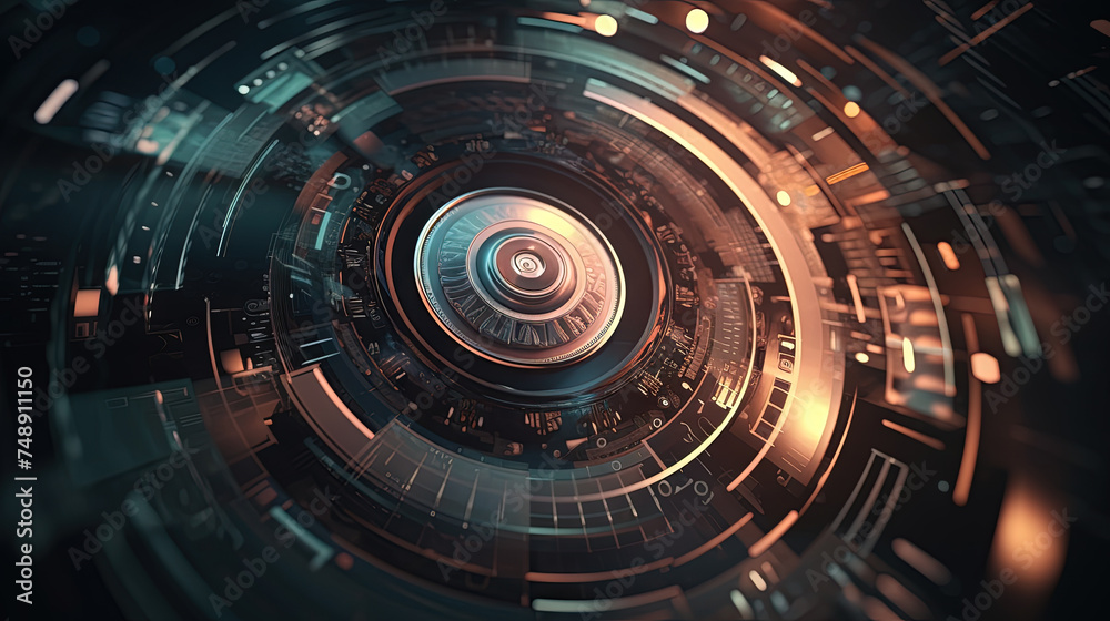 Poster Technology abstract background with hud styled round interface elements in neon tech light.