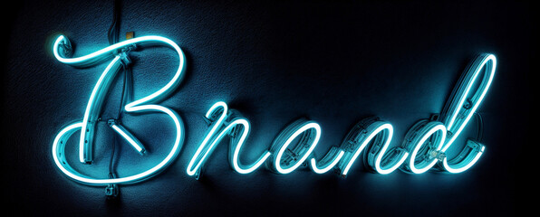 A neon sign Brand in cursive, glowing blue against a black background