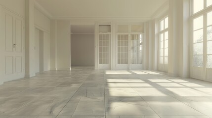 An empty room interior background with a minimalist aesthetic, featuring a spacious layout, and neutral color palette