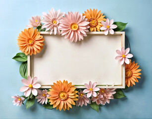 Obraz premium A wooden white blank framed with flowers around it, including pink and yellow daisies. Floral mockup