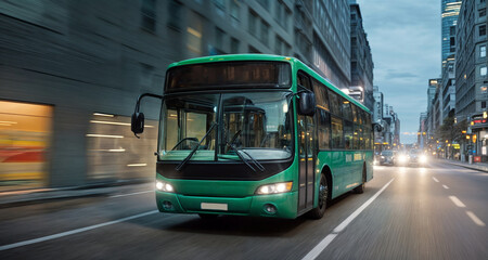 A vibrant sleek green bus traversing the urban landscape, seamlessly blending with the flow of traffic on the road