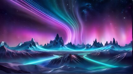 the neon lines against a celestial backdrop resembling an aurora borealis, blending cosmic colors to evoke a sense of energy and movement on a cosmic scale.