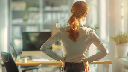 Close up portrait stressed office woman suffer from lower back pain. Office syndrome concept .