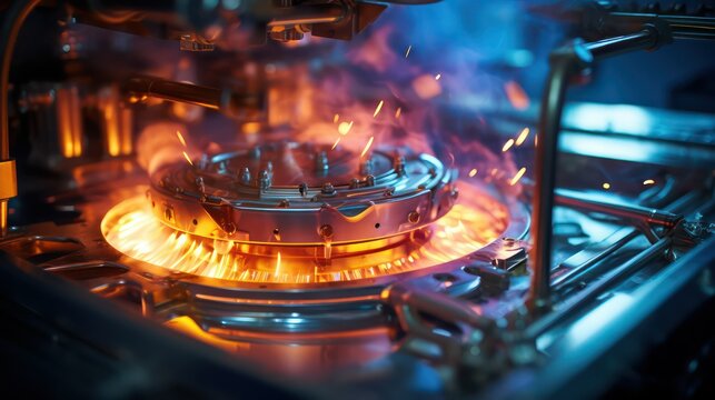 A closeup shot of a chemical vapor deposition CVD chamber, which is used to deposit thin films of material onto the wafer surface