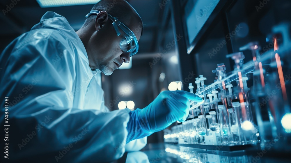 Wall mural scientist working with test tube in laboratory, science research and development concept