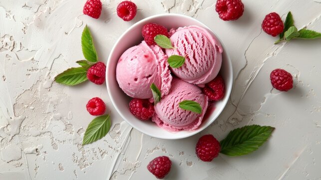 a bowl of raspberry flavored ice cream topped with fresh raspberries and raspberry leaves on a light textured surface