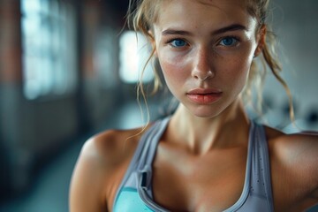 A gym environment is depicted in this wide-angle shot, showcasing a sporty young woman adorned in...