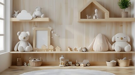 Babys Room with Wooden Shelves and Toys